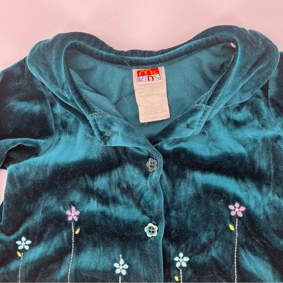 Vintage McKids Green Velvet Embroidered Floral Button Down Collared Top Size 3T - Picture 7 of 8